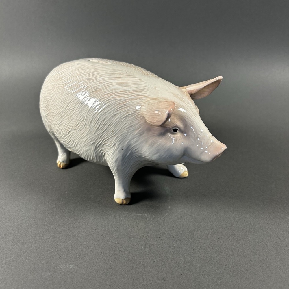 Vintage Otagiri Japan Ceramic Pig Piggy Bank Realistic White Gray 9" Coin Bank